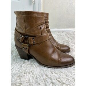 Frye Women's 8.5 Brown Leather Back Zip Studded Buckle Ankle Bootie Boots